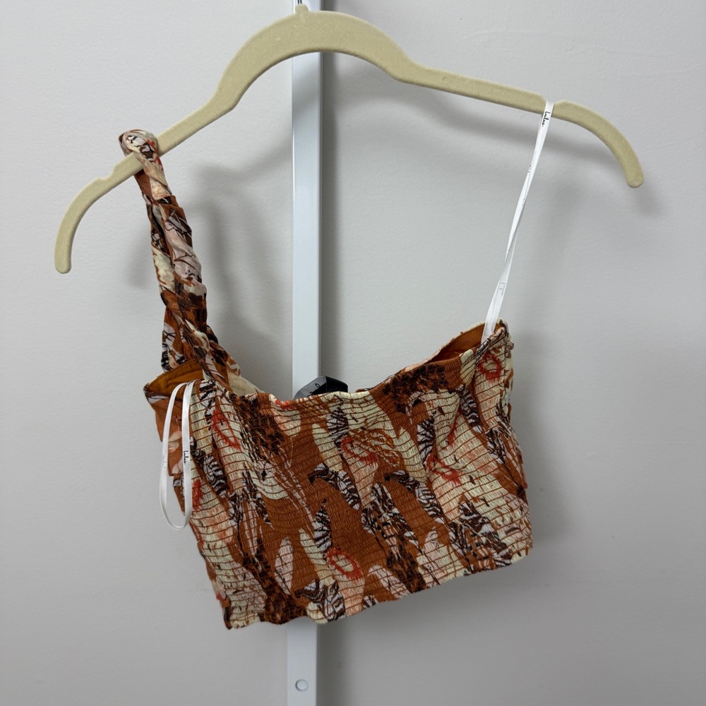 LULUS Something Wild Brown Multi Print Pleated One-Shoulder Crop Top SIZE XS - Picture 7 of 7